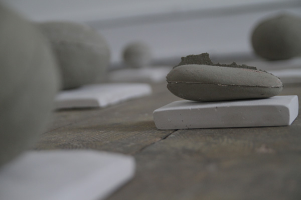 How to make a river speak? Detail Caroline Inckle 2013 Cast stones in natural clay, chalk plinths and chalk hammers.